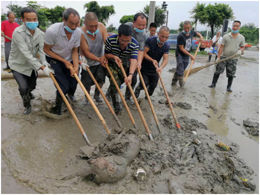 01 農工黨金堂縣總支負責人羅靈聰（左4）帶領人員清洗街上的淤泥.png